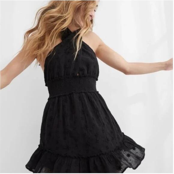 Aerie Spring Fling Eyelet Black Crossover Halter Mini Lined Dress Size Small - Picture 2 of 13